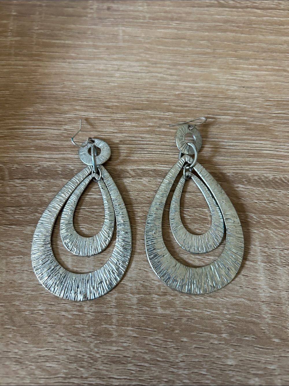Textured Double Teardrop Dangle Earrings in Silver